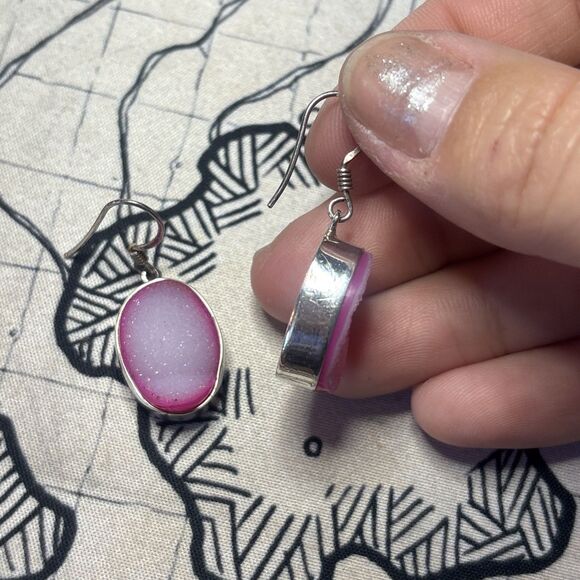 Pink Druzy 925 Sterling Silver Polished Stone Oval Shaped Dangle Earrings - Picture 2 of 6